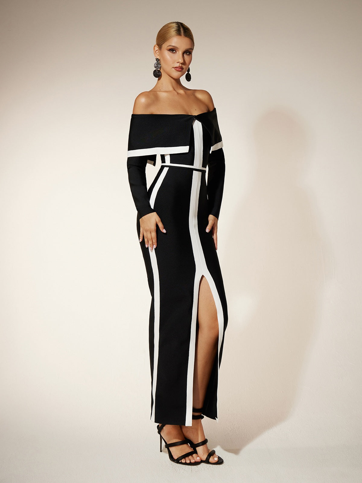 Off Shoulder Folded Collar Long Sleeve Bandage High Split Maxi Dress