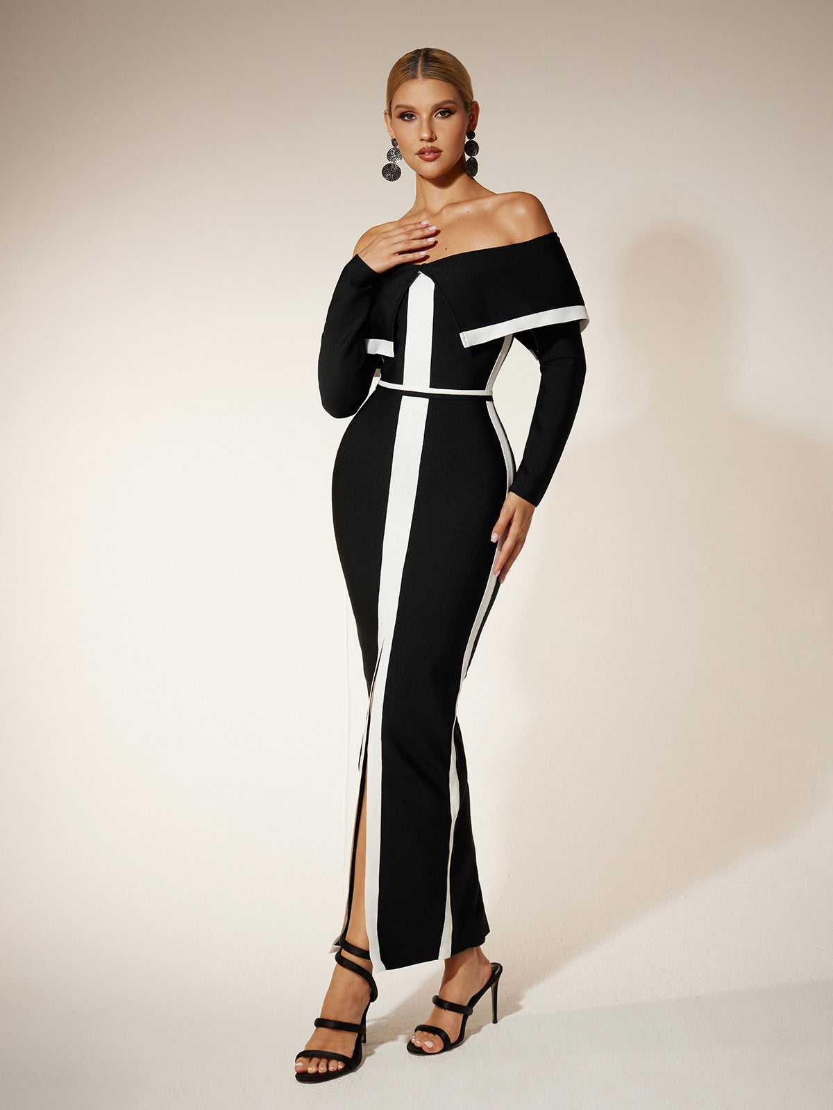 Off Shoulder Folded Collar Long Sleeve Bandage High Split Maxi Dress