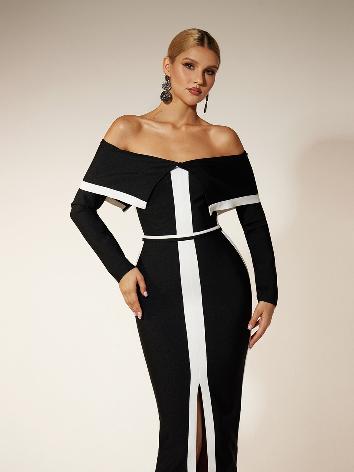 Off Shoulder Folded Collar Long Sleeve Bandage High Split Maxi Dress