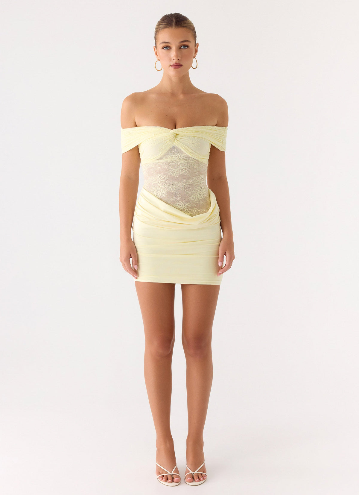 Off Shoulder Twist Front Sheer Lace Panel Ruched Bodycon Mini Dress