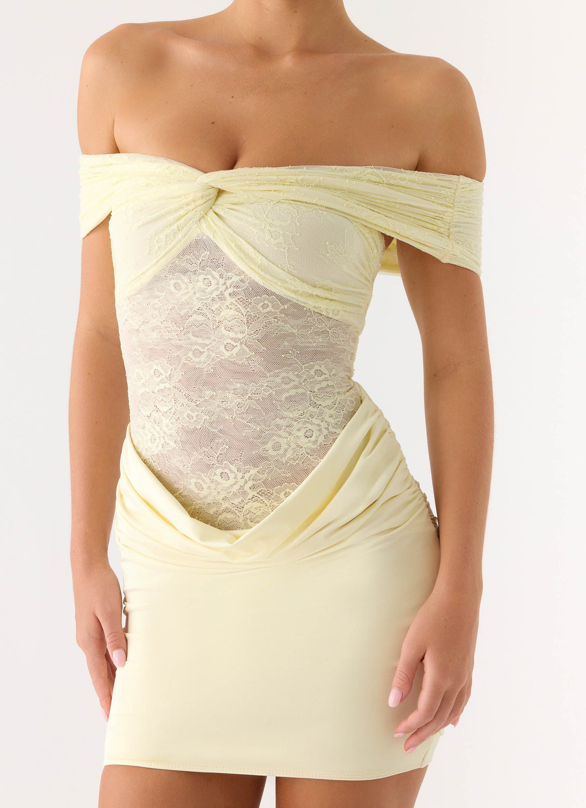 Off Shoulder Twist Front Sheer Lace Panel Ruched Bodycon Mini Dress 5