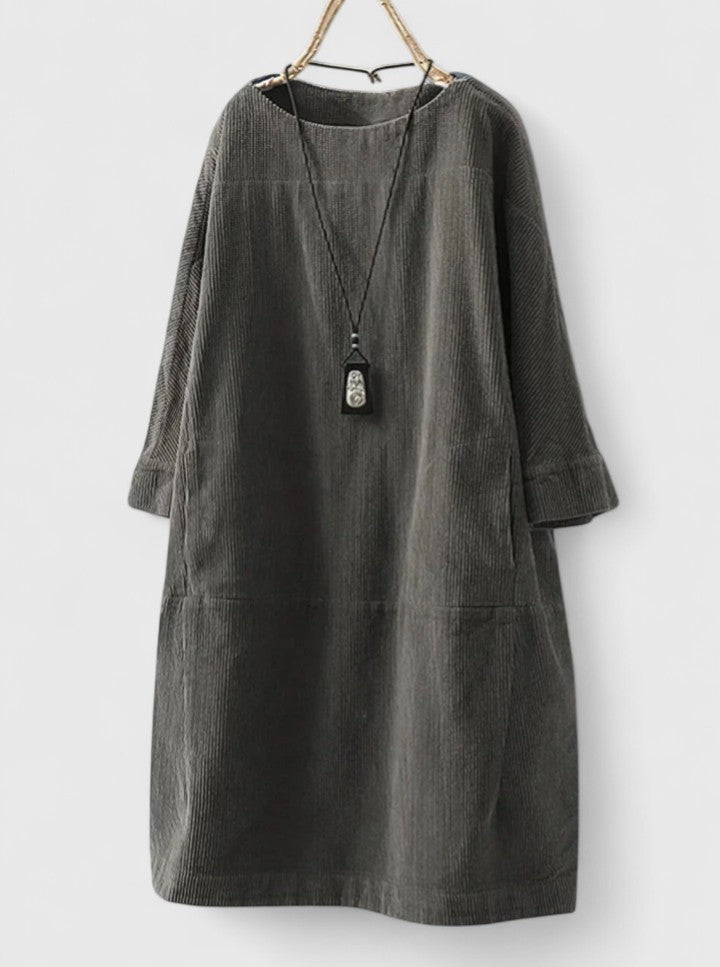 Corduroy Long Sleeve Pocket Shift Midi Dress