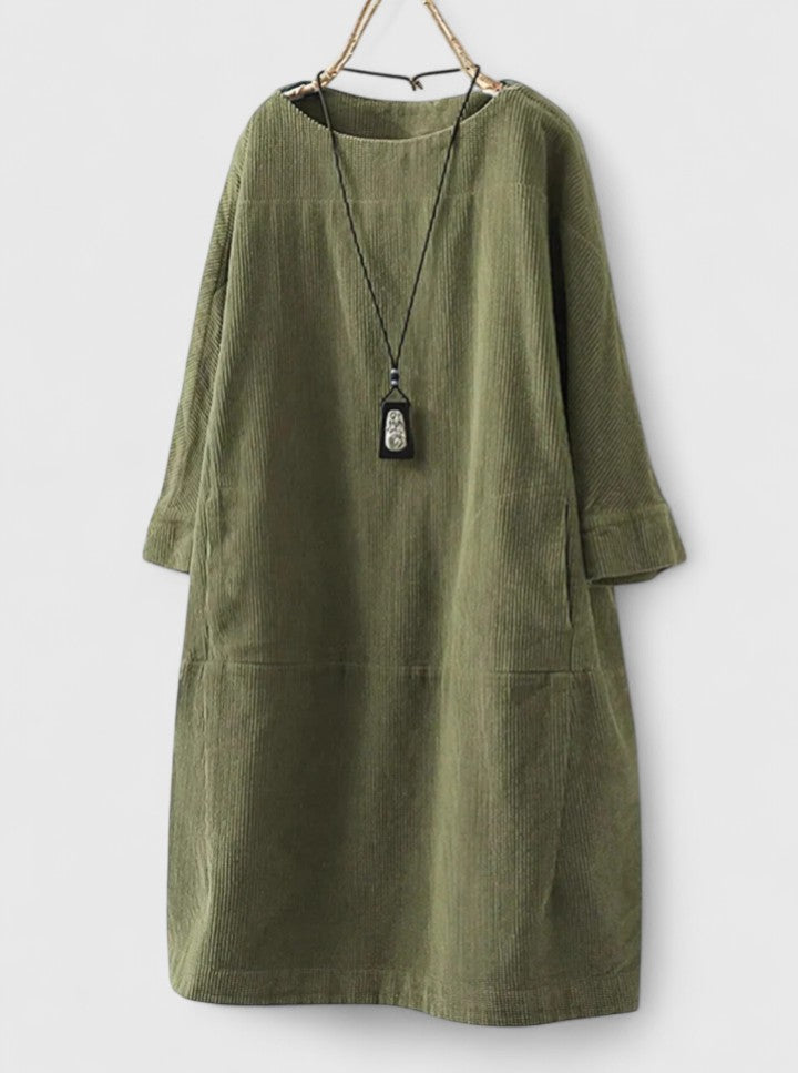 Corduroy Long Sleeve Pocket Shift Midi Dress 2