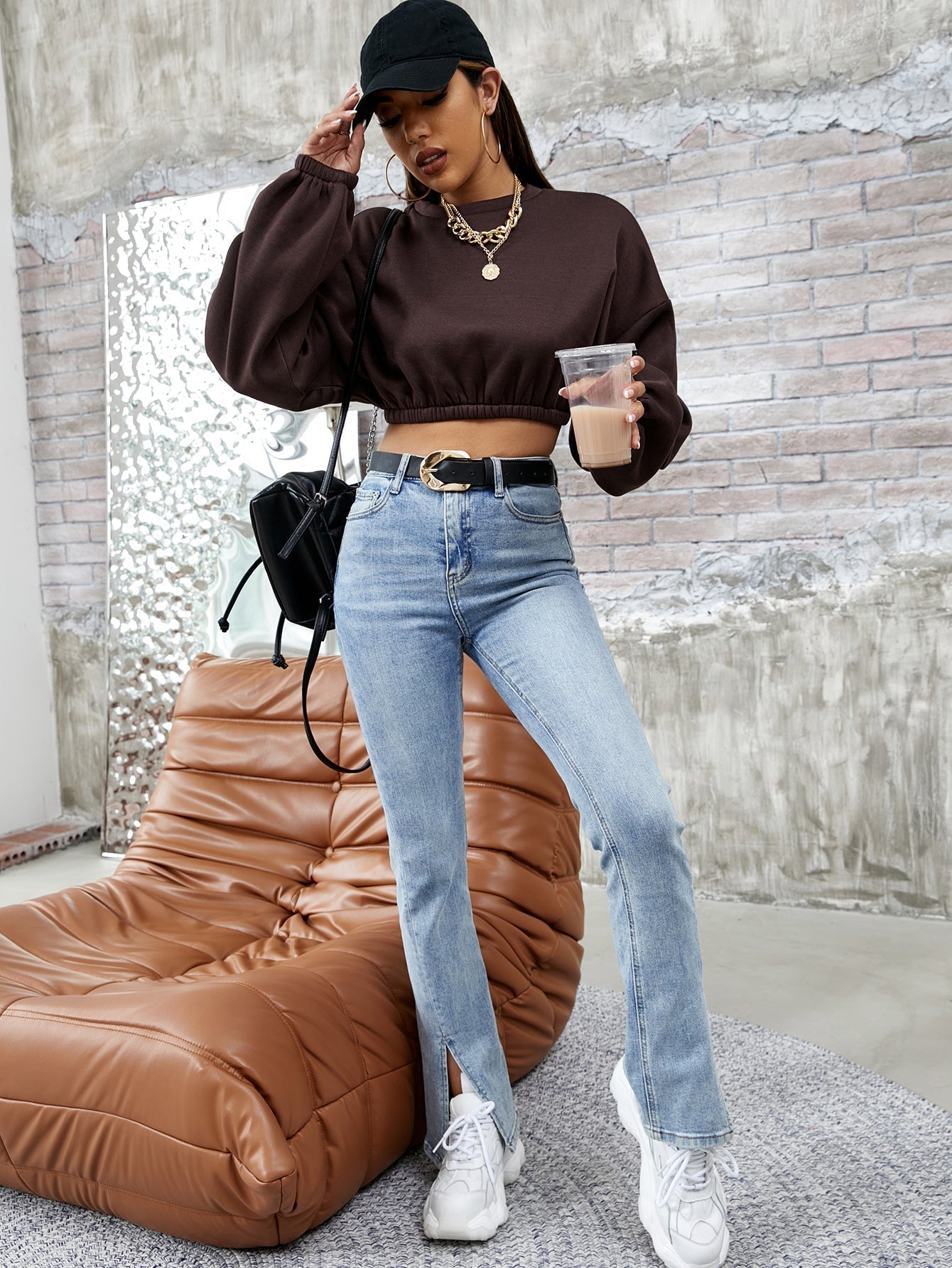 Elastic Hem Drop Shoulder Crop Sweatshirt