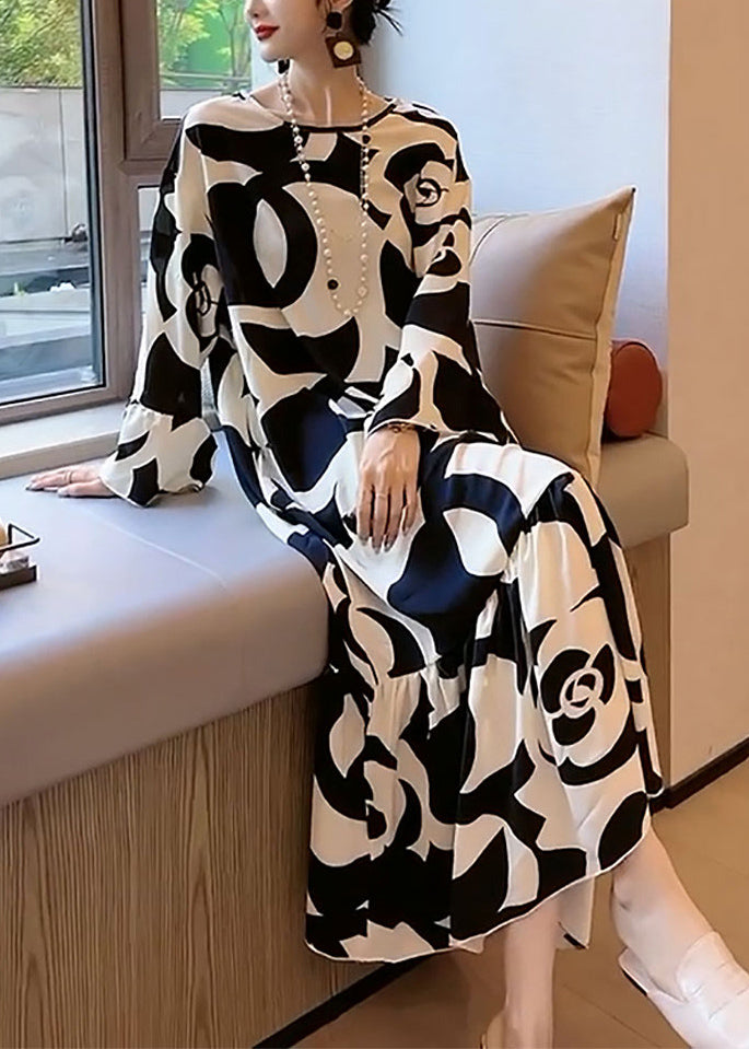 Floral Print Long Sleeve Tiered Satin Maxi Dress
