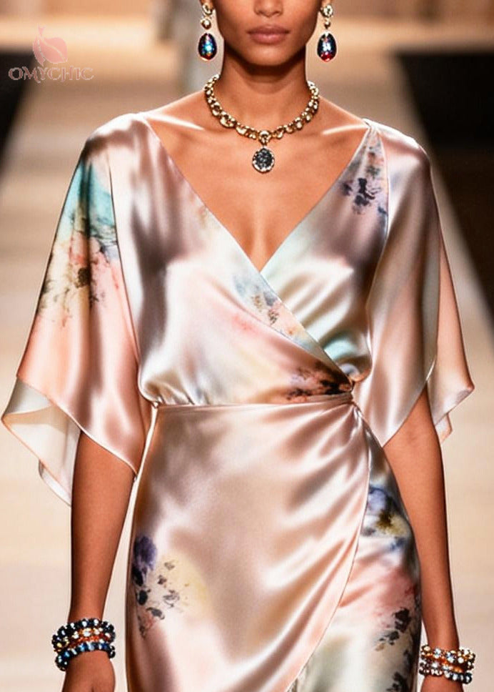 Floral Print V-Neck Butterfly Sleeve Wrap Ruffle High Low Midi Dress