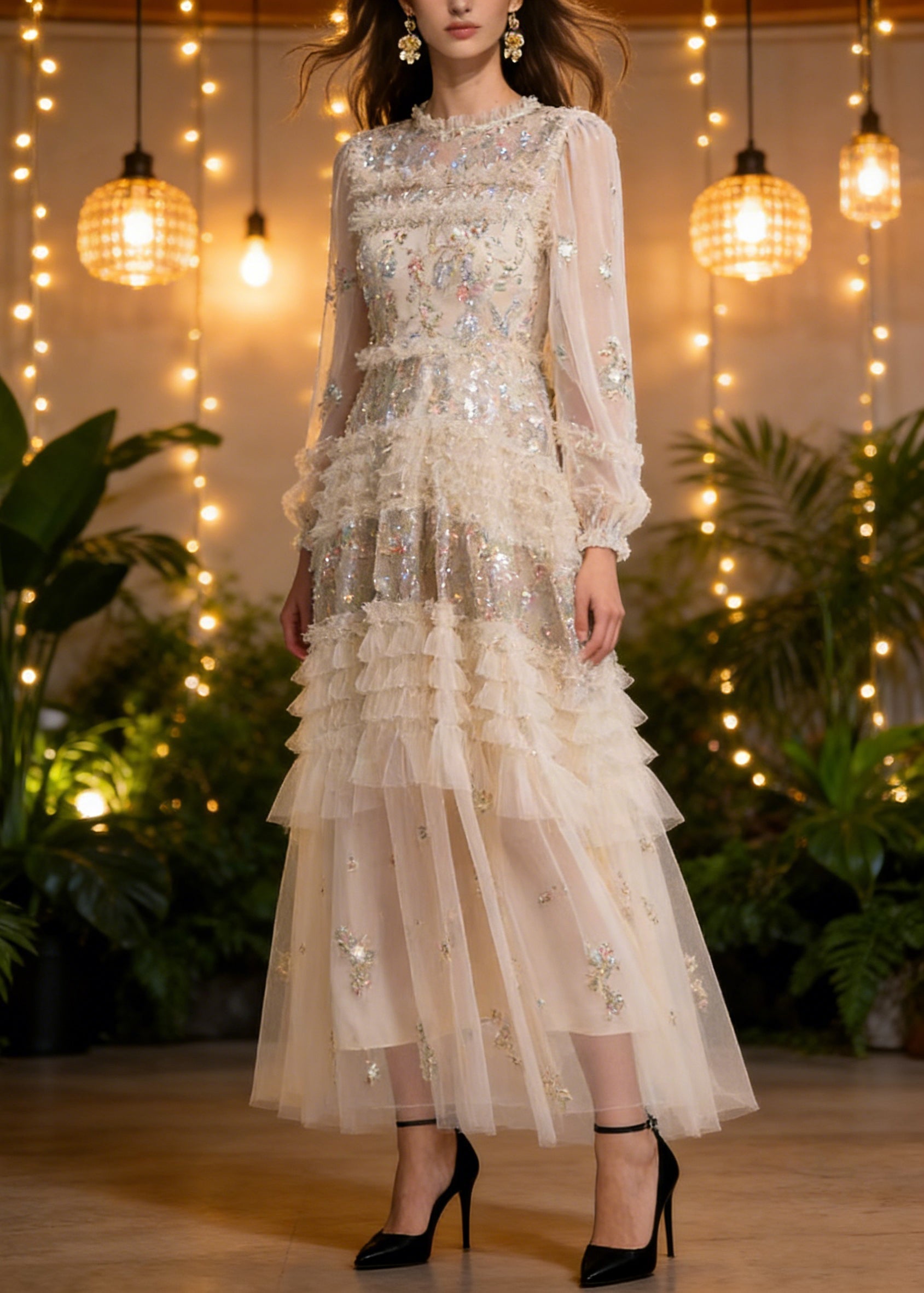 Elegant Apricot Embroidered Ruffled Patchwork Tulle Long Dresses Spring