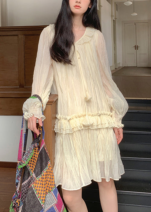 Elegant Apricot Lace Up Ruffled Silk Mini Dresses Fall - View 3