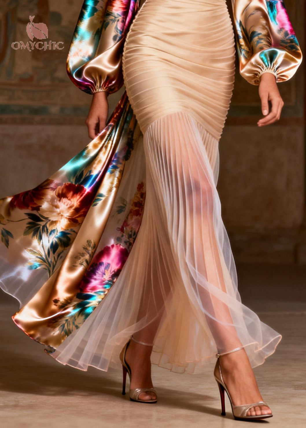 Deep V-Neck Ruched Floral Bishop Sleeve Pleated Train Maxi Gown