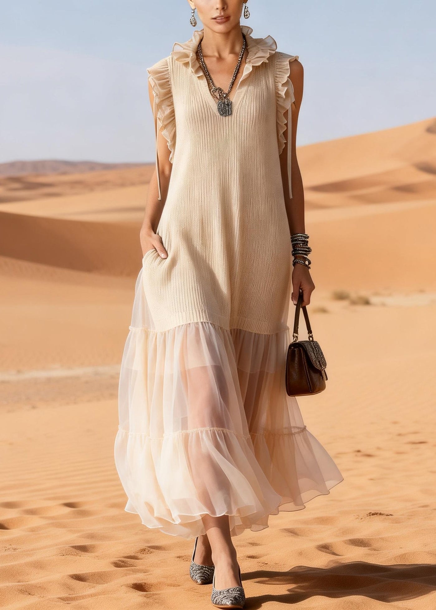 Elegant Apricot Ruffled Tulle Patchwork Knit Maxi Dress Summer 3