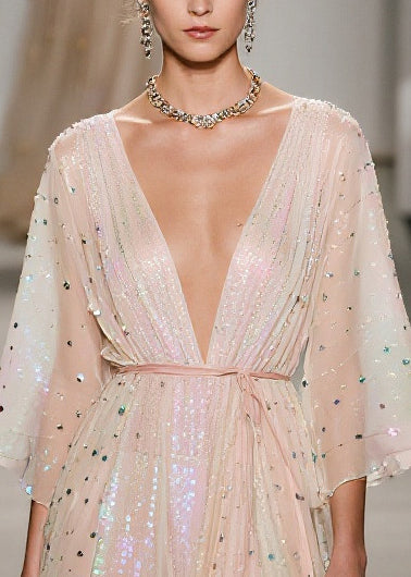 Sequin Deep V-Neck Kimono Sleeve Tie Waist High Low Midi Dress