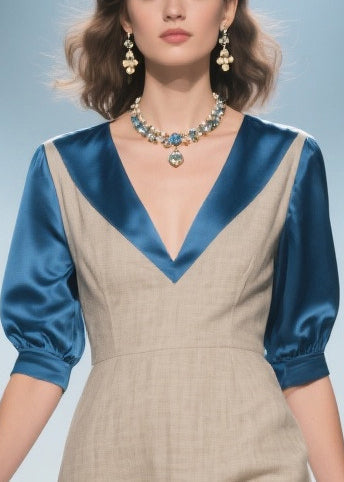 Faux Two-Piece Deep V-Neck Pointed Collar Puff Sleeve Woven A-Line Midi Dress