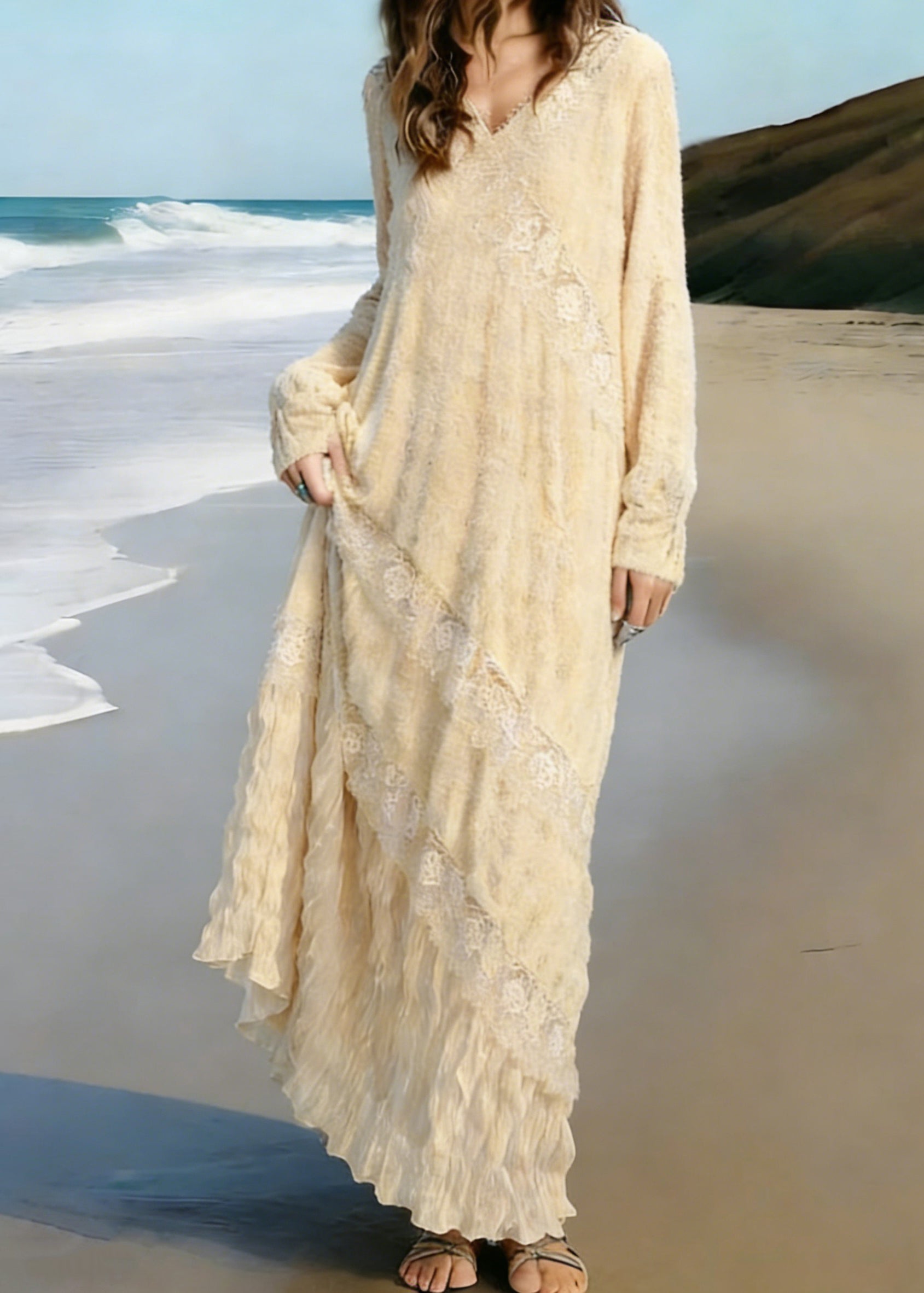 Lace Deep V-Neck Long Sleeve Diagonal Panel Ruffle Flounce Maxi Dress