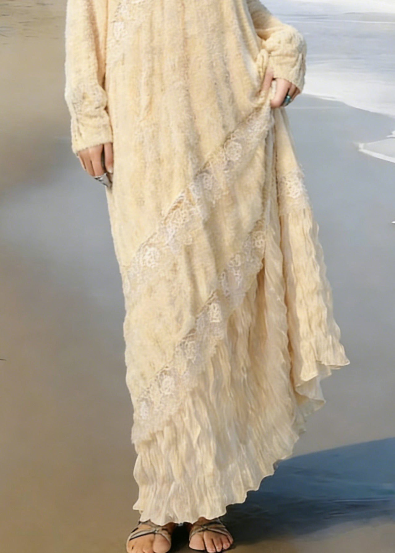 Lace Deep V-Neck Long Sleeve Diagonal Panel Ruffle Flounce Maxi Dress