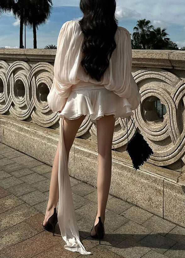 Elegant Apricot Wrinkled Lace Up Tulle Mini Dress Spring 5
