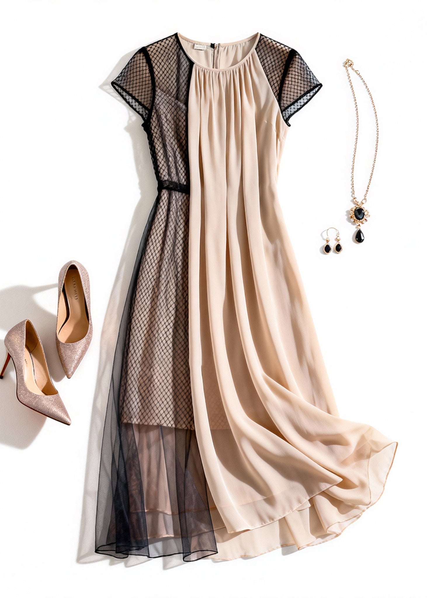 Mesh Cap Sleeve High Neck Pleated Panel Asymmetrical Layered Midi Dress