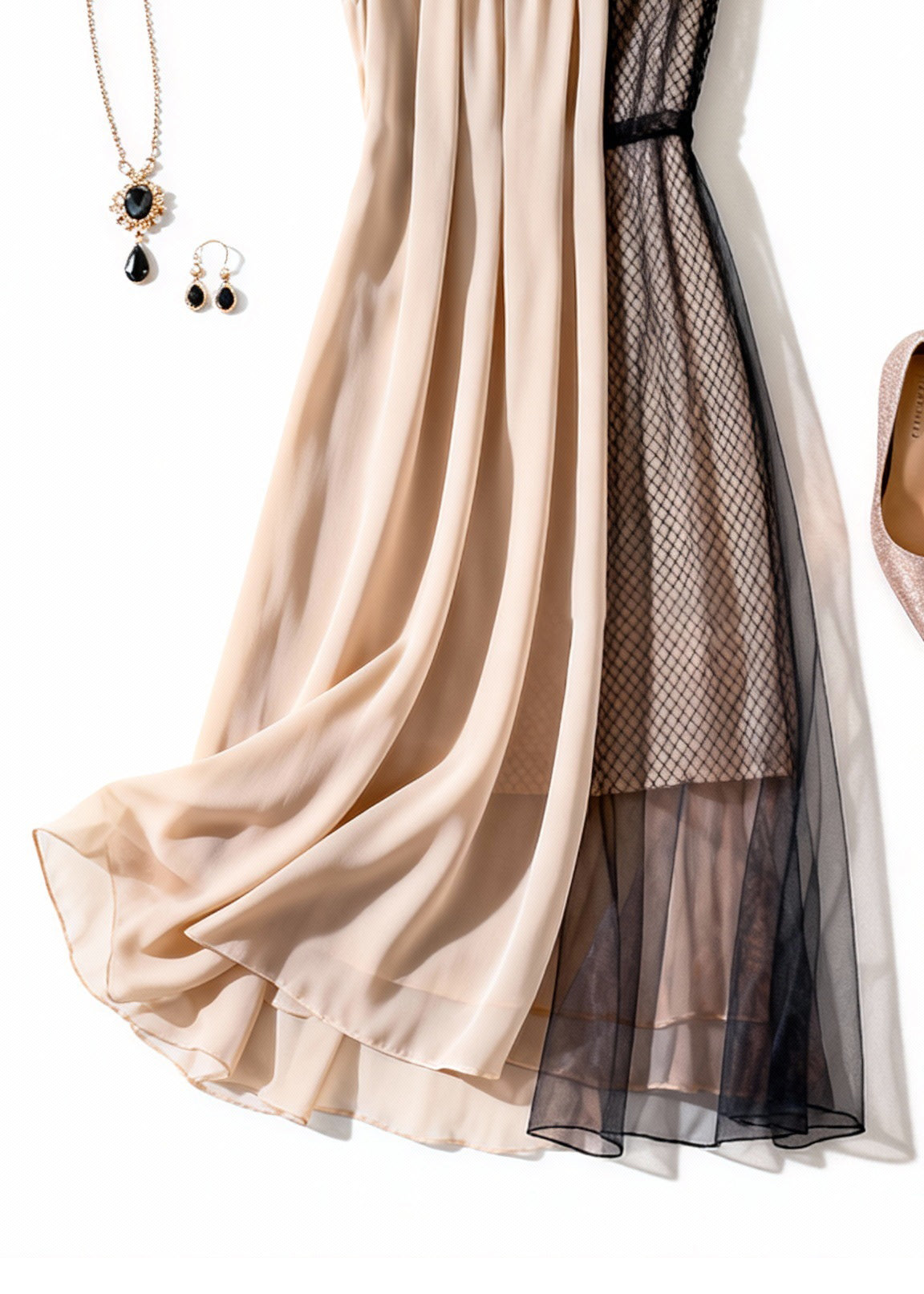 Mesh Cap Sleeve High Neck Pleated Panel Asymmetrical Layered Midi Dress