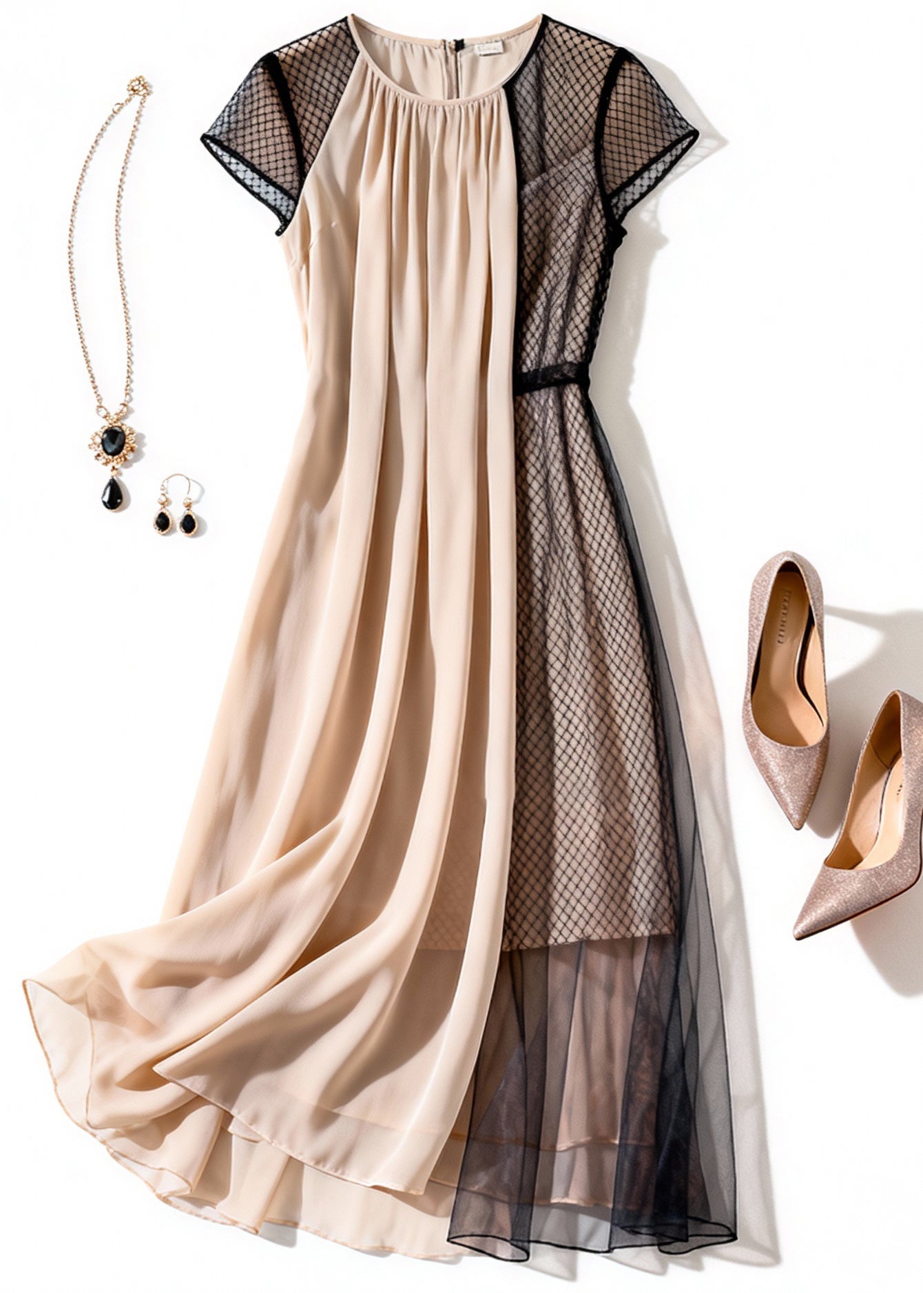 Mesh Cap Sleeve High Neck Pleated Panel Asymmetrical Layered Midi Dress
