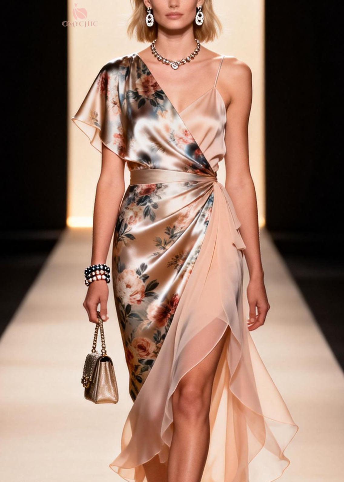 Satin Floral Print One Shoulder Wrap High Split Ruffle Hem Midi Dress