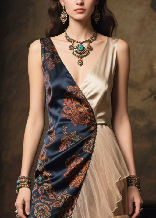 Paisley Print Deep V-Neck Sleeveless Asymmetrical Tiered Tulle Ruffle Maxi Gown