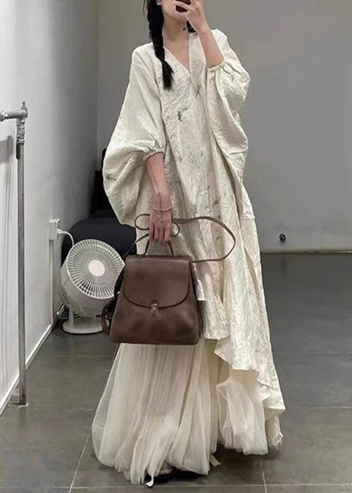 V-Neck Lantern Sleeve Asymmetrical Hem Tulle Layered Maxi Dress