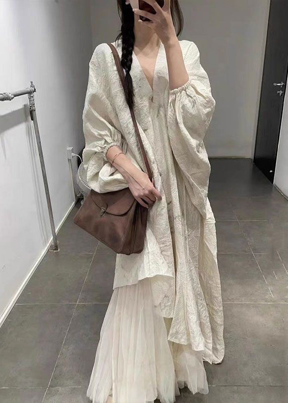 Elegant Beige Asymmetrical Tulle Patchwork Maxi Dress Lantern Sleeve - View 2