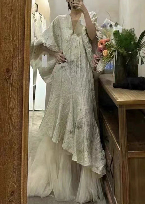 Elegant Beige Asymmetrical Tulle Patchwork Maxi Dress Lantern Sleeve - View 3