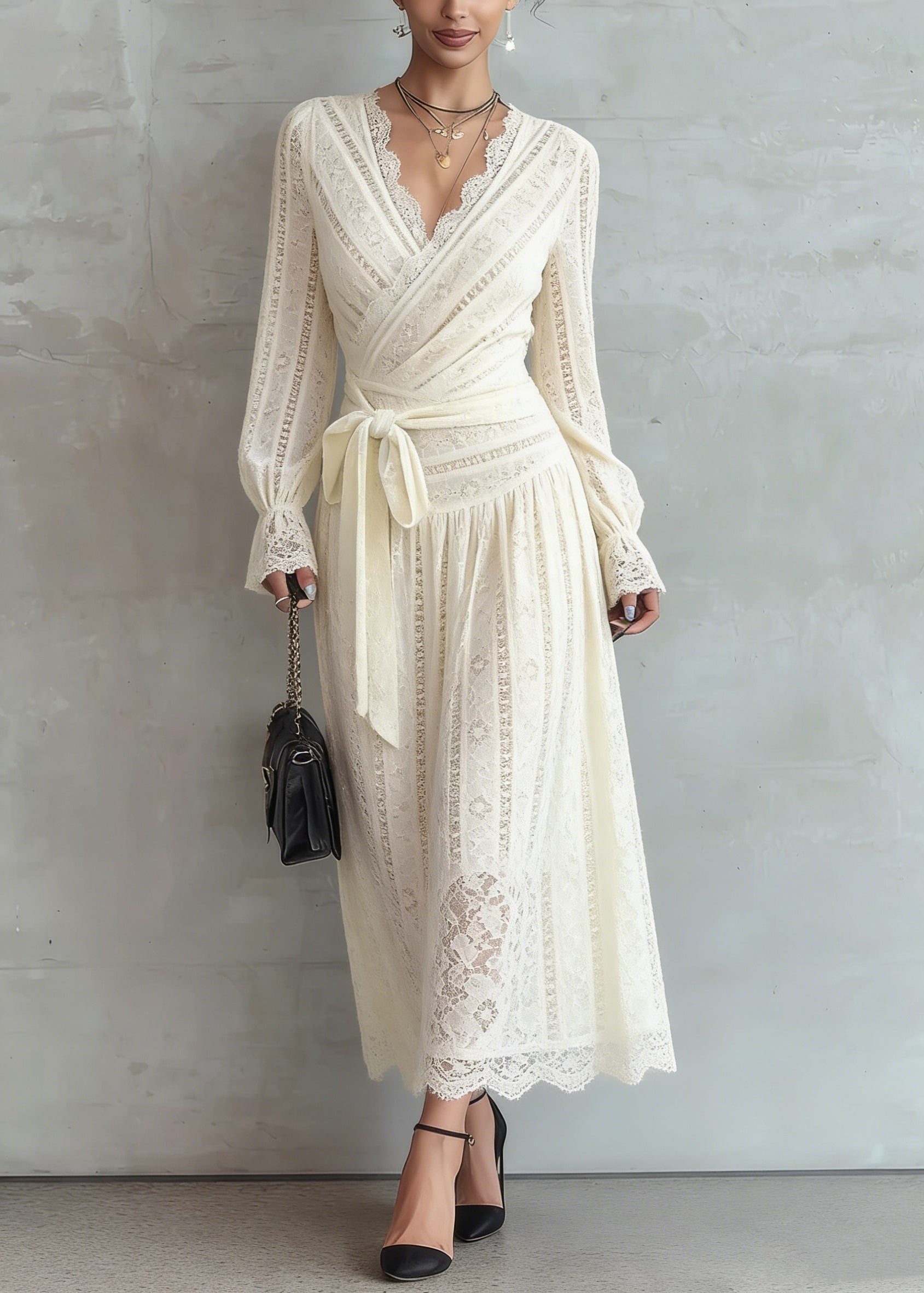 Lace Deep V-Neck Wrap Tie Waist Long Sleeve A-Line Maxi Dress