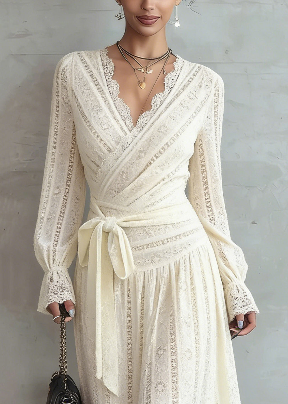 Lace Deep V-Neck Wrap Tie Waist Long Sleeve A-Line Maxi Dress