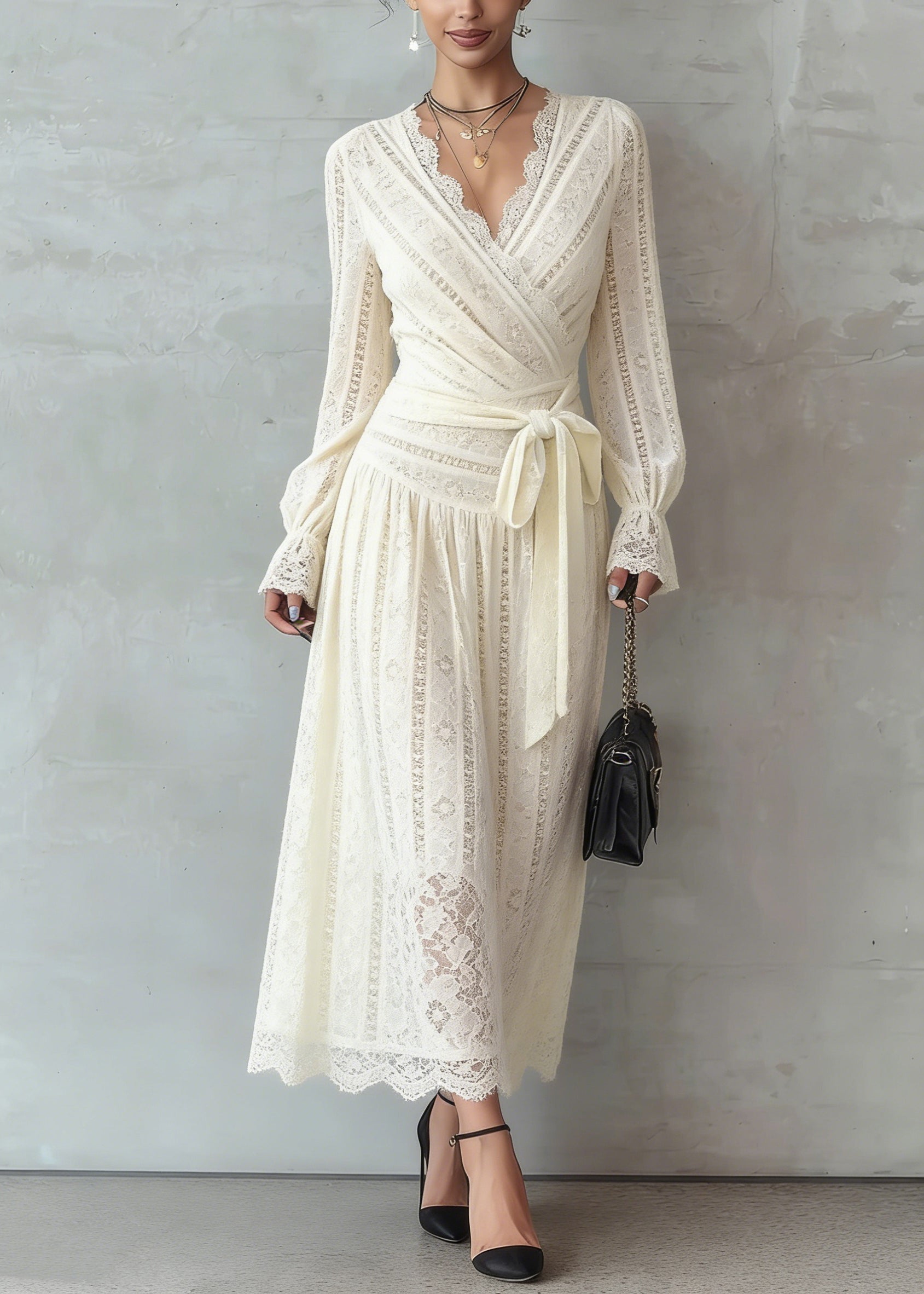 Lace Deep V-Neck Wrap Tie Waist Long Sleeve A-Line Maxi Dress