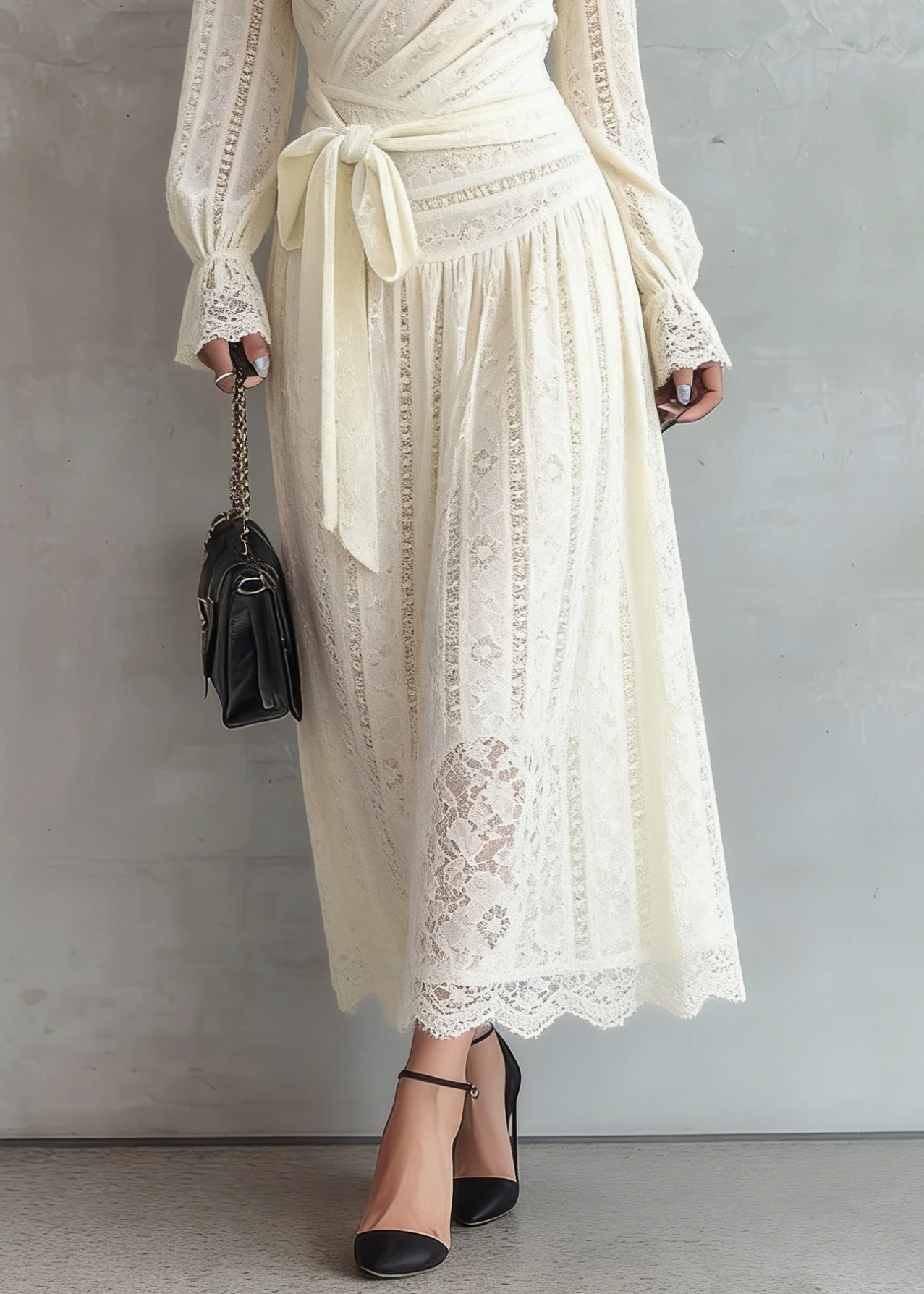 Lace Deep V-Neck Wrap Tie Waist Long Sleeve A-Line Maxi Dress