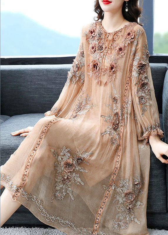 Embroidered Floral Applique Long Sleeve A-Line Midi Dress