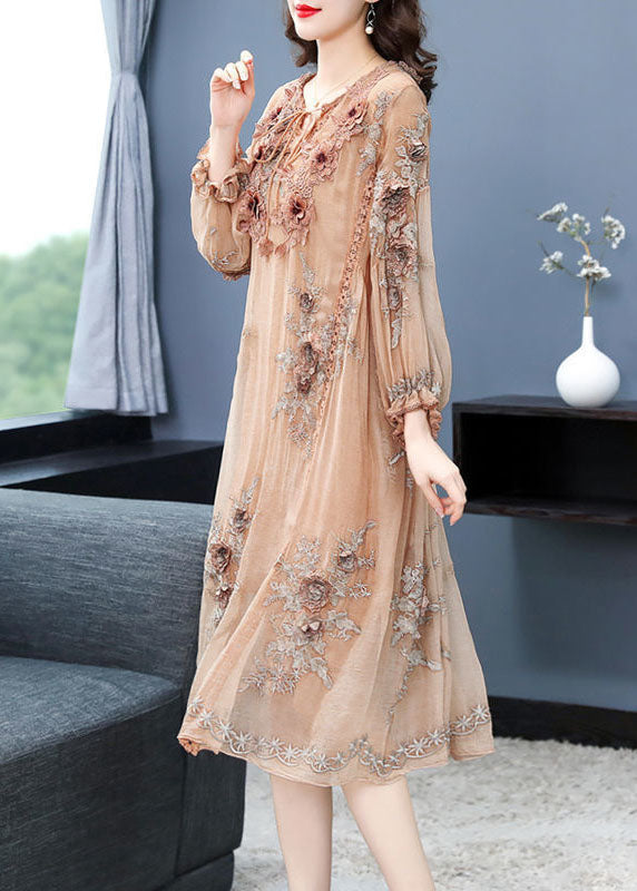 Embroidered Floral Applique Long Sleeve A-Line Midi Dress