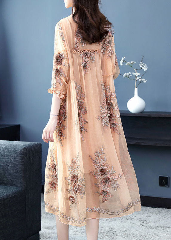 Embroidered Floral Applique Long Sleeve A-Line Midi Dress