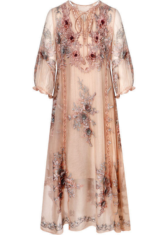 Embroidered Floral Applique Long Sleeve A-Line Midi Dress