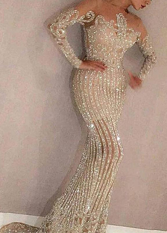 Sequin Off Shoulder Illusion Neck Long Sleeve Mermaid Maxi Gown