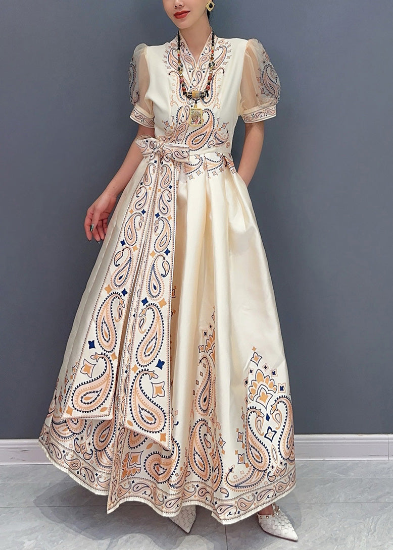 Paisley Print Satin Stand Collar V-Neck Puff Sleeve Tie Waist A-Line Maxi Gown