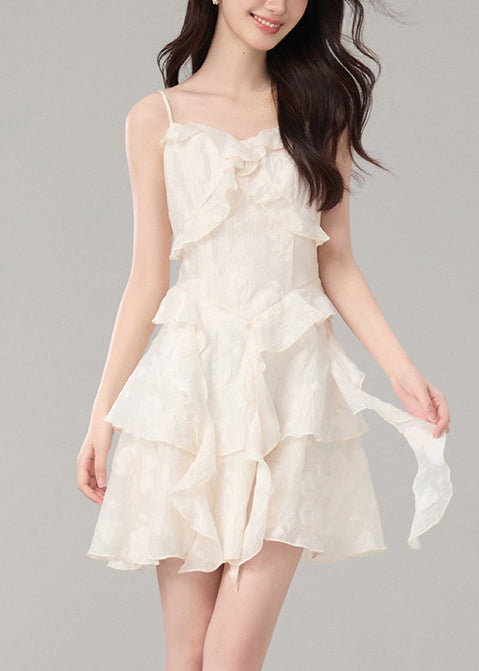 Elegant Beige Ruffled Jacquard Cotton Sundress Summer