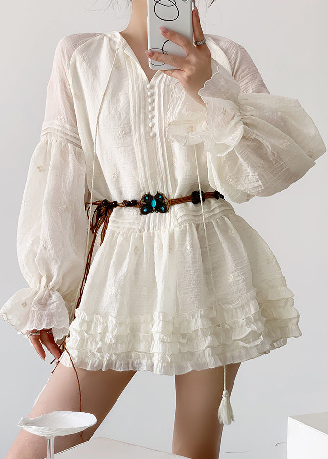 Embroidered V-Neck Button Front Lantern Sleeve Tiered Ruffle Hem Mini Dress
