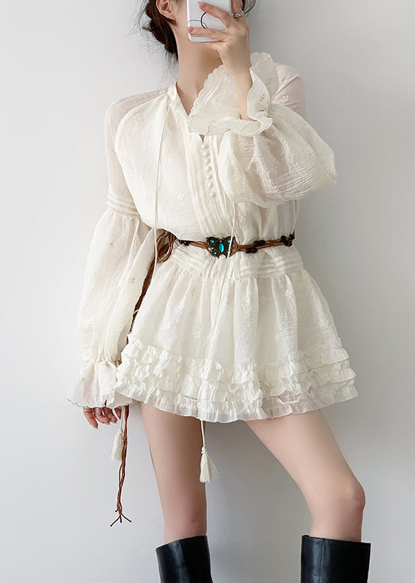 Elegant Beige Ruffled Lace Up Cotton Mini Dress Fall 3