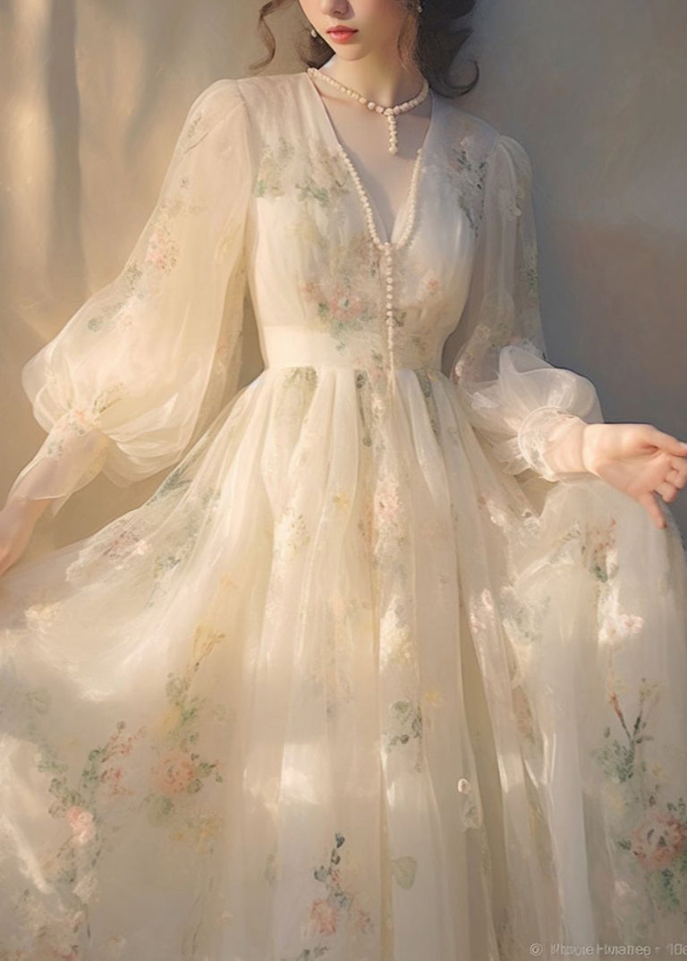 Floral Print V-Neck Button Front Lantern Sleeve Tulle Maxi Dress