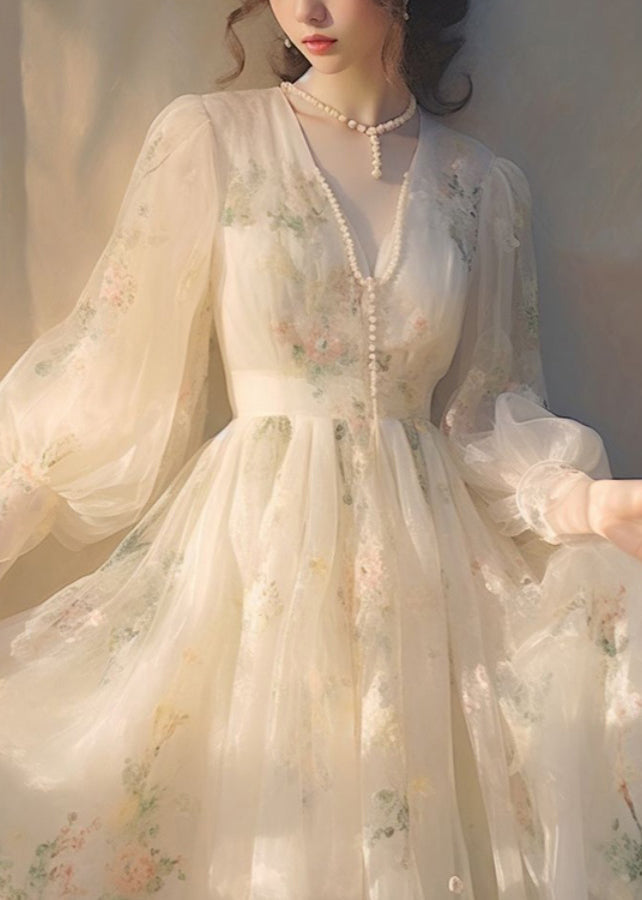 Elegant Beige V Neck High Waist Tulle Maxi Dresses Long Sleeve 2