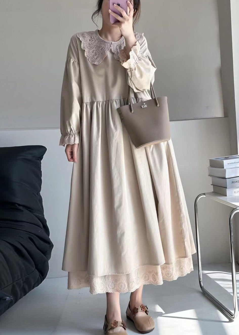 Lace Trim Collar Ruffle Cuff Puff Sleeve Smock Midi Dress