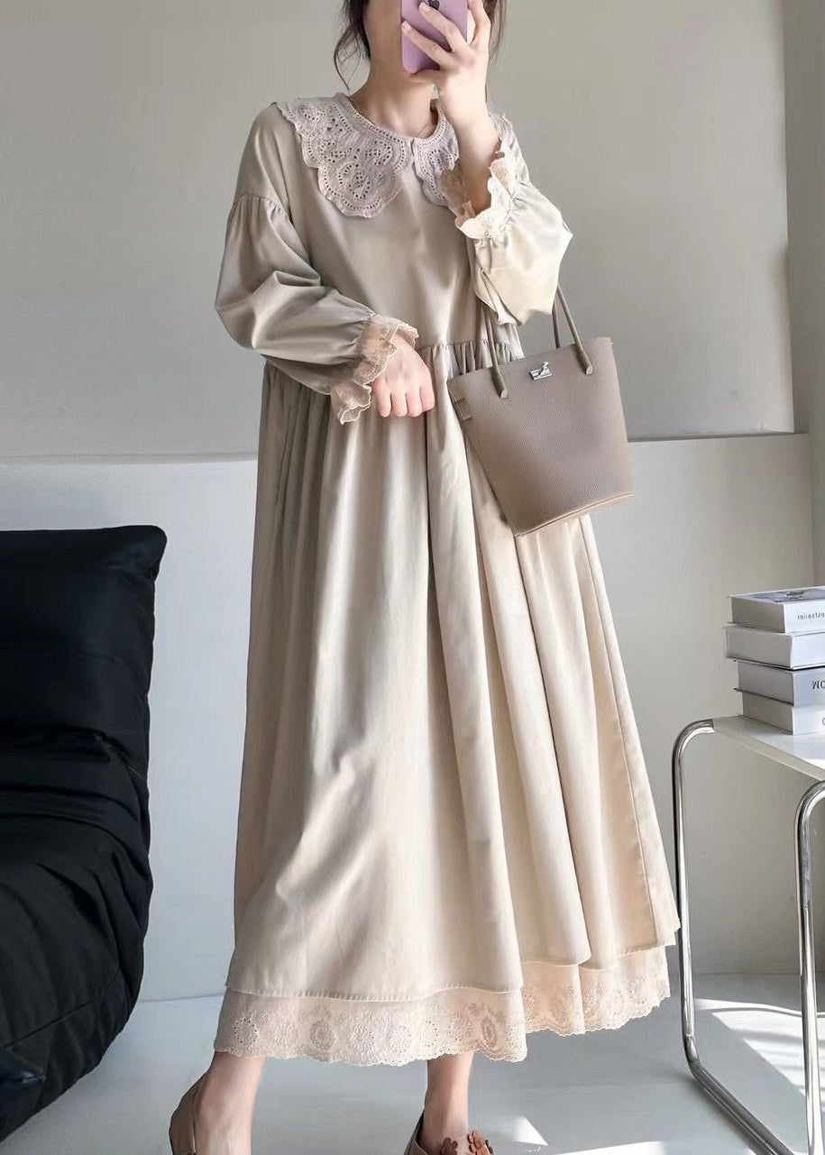 Lace Trim Collar Ruffle Cuff Puff Sleeve Smock Midi Dress