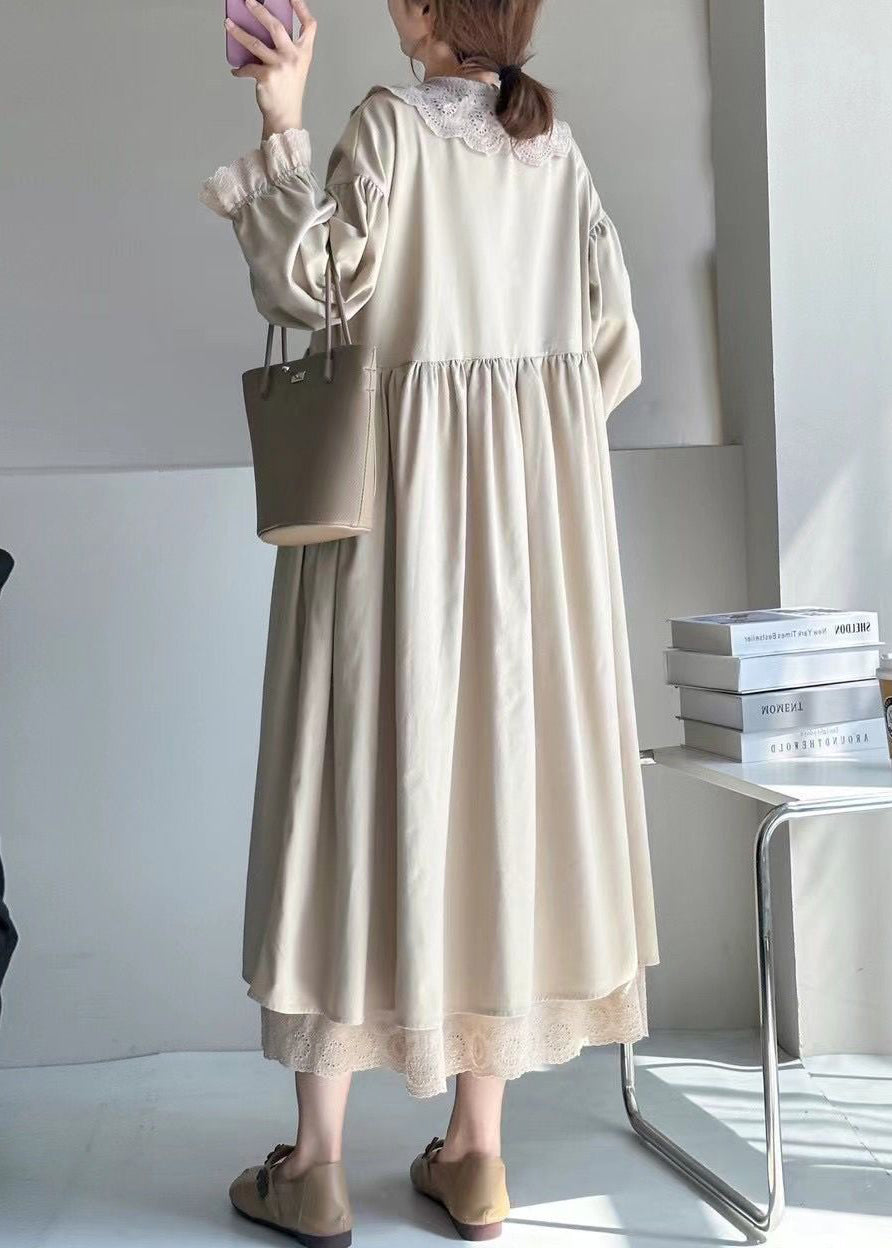 Lace Trim Collar Ruffle Cuff Puff Sleeve Smock Midi Dress