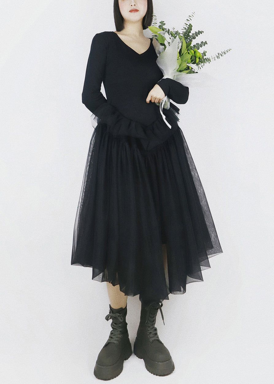 V-Neck Long Sleeve Knit Tulle Handkerchief Hem Midi Dress