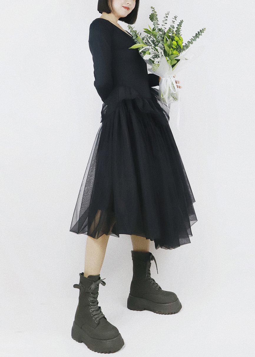 V-Neck Long Sleeve Knit Tulle Handkerchief Hem Midi Dress