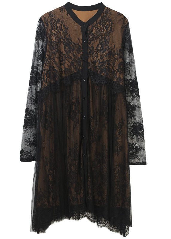 Floral Lace Button Front Mesh Overlay Eyelash Trim Long Sleeve Midi Dress