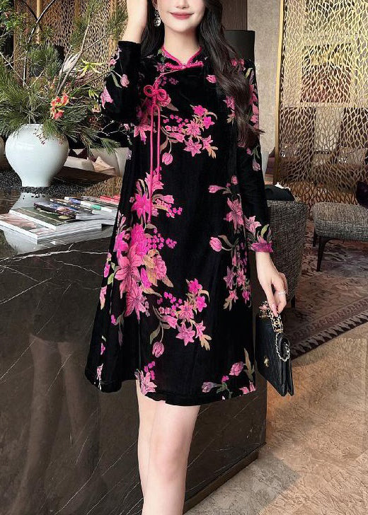 Velvet Floral Mandarin Collar Frog Button Long Sleeve Mini Dress