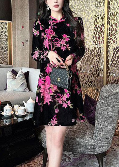 Velvet Floral Mandarin Collar Frog Button Long Sleeve Mini Dress